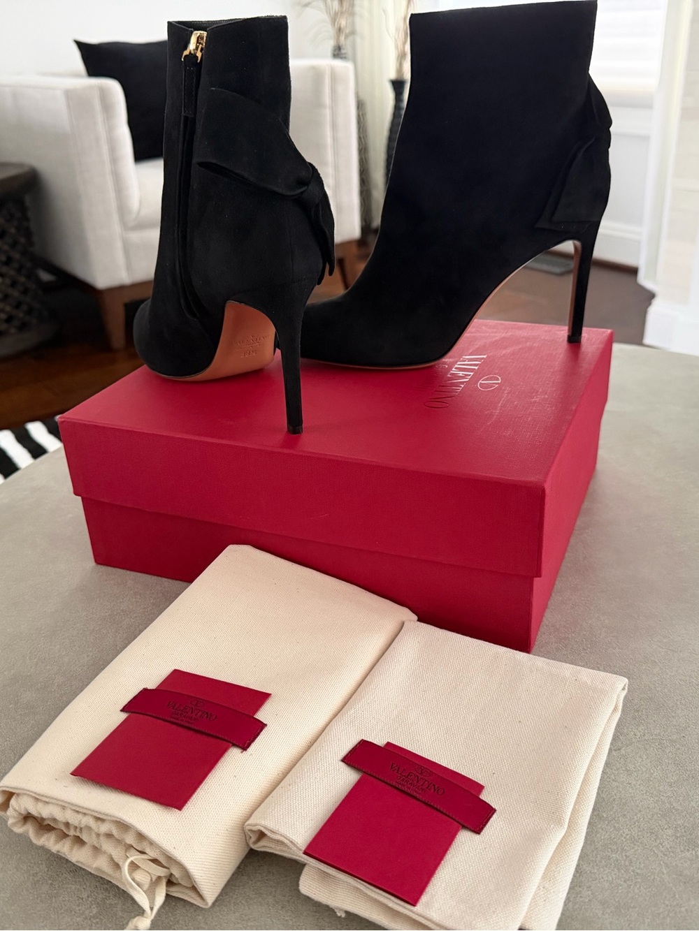 VALENTINO GARAVANI Bow-Embellished  Suede Ankle Boots, Women's EU 38.5, US 8.5
